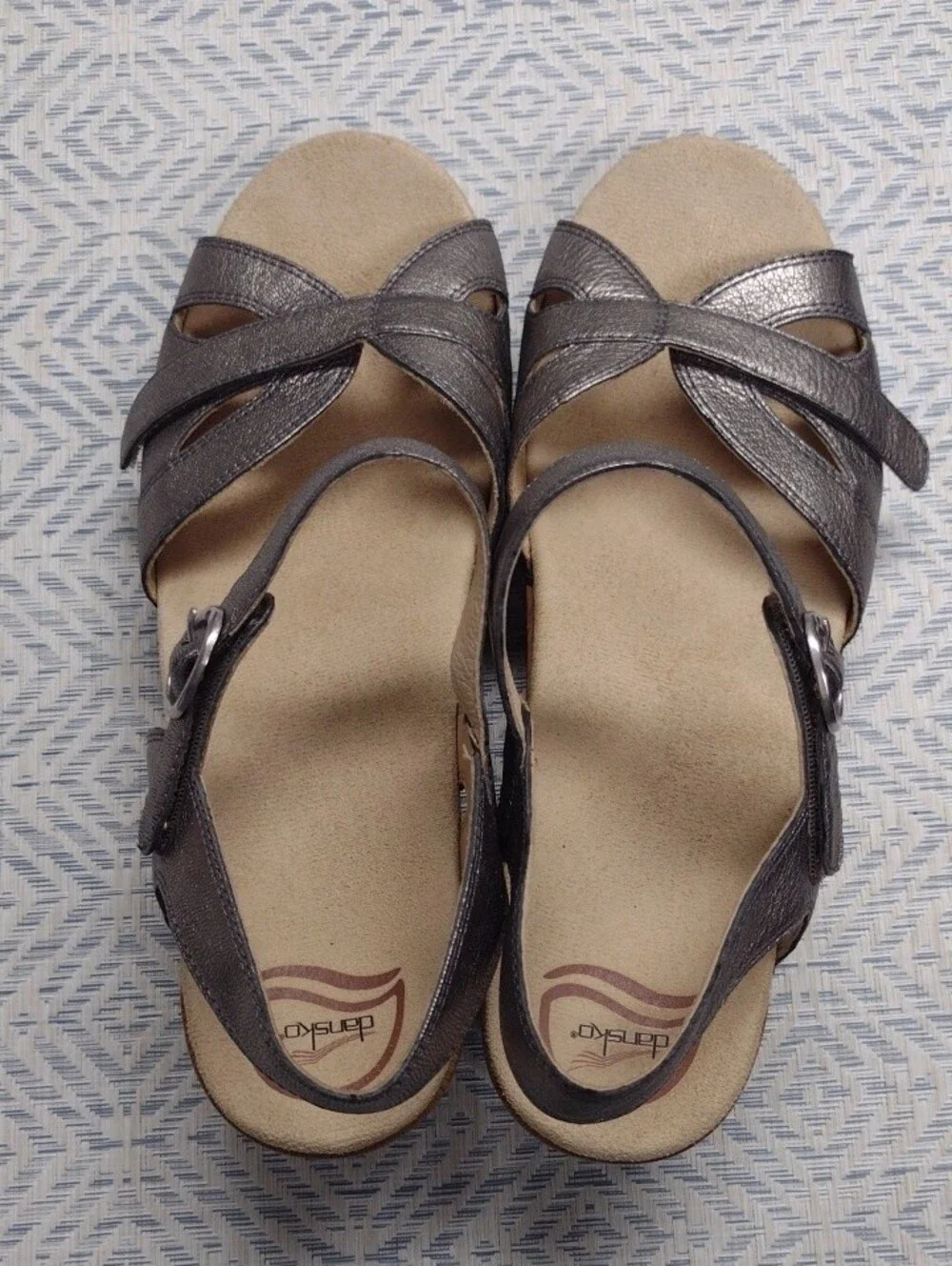 Dansko Silver Leather Wedge Sandals with Wood-Look Heel
